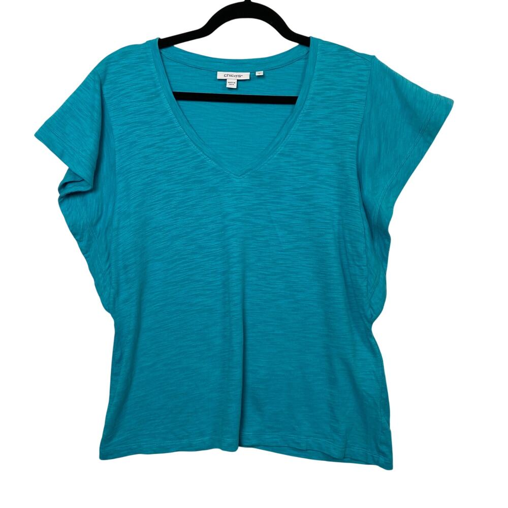 Chico's Women's Turquoise Blue Flutter Sleeve V-neck Top Size Medium